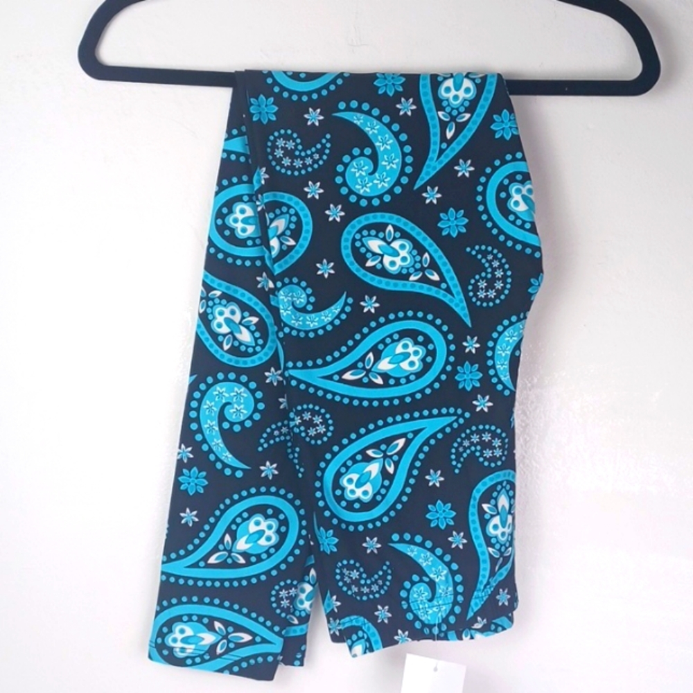Vibrant Black Turquoise & White Paisley Legging Lounge 8% Spandex Slacks SZ S